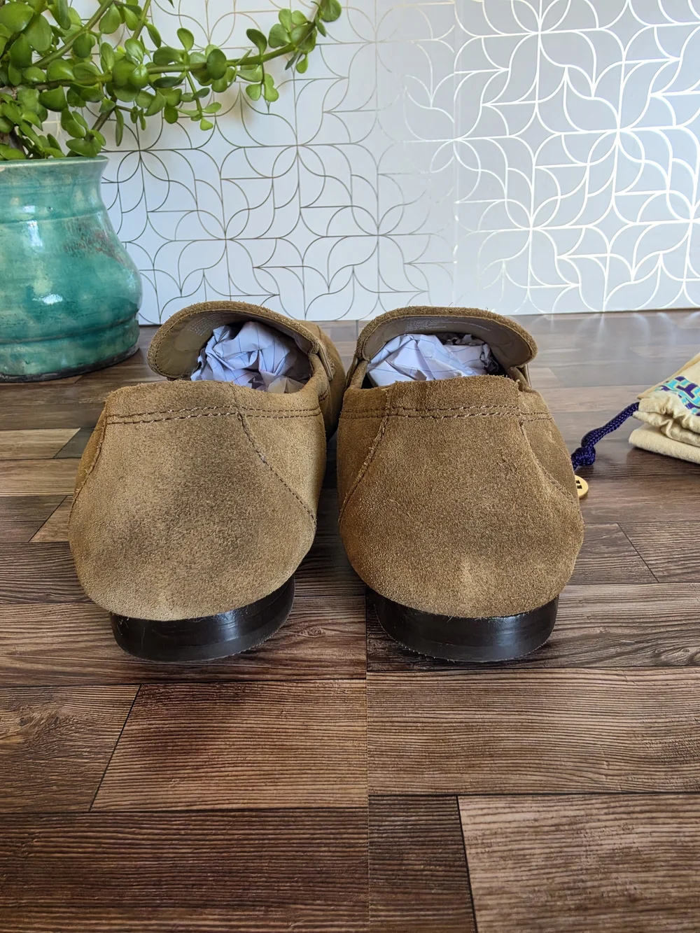 Tory Burch Brown Suede Penny Loafers with Gold Logo